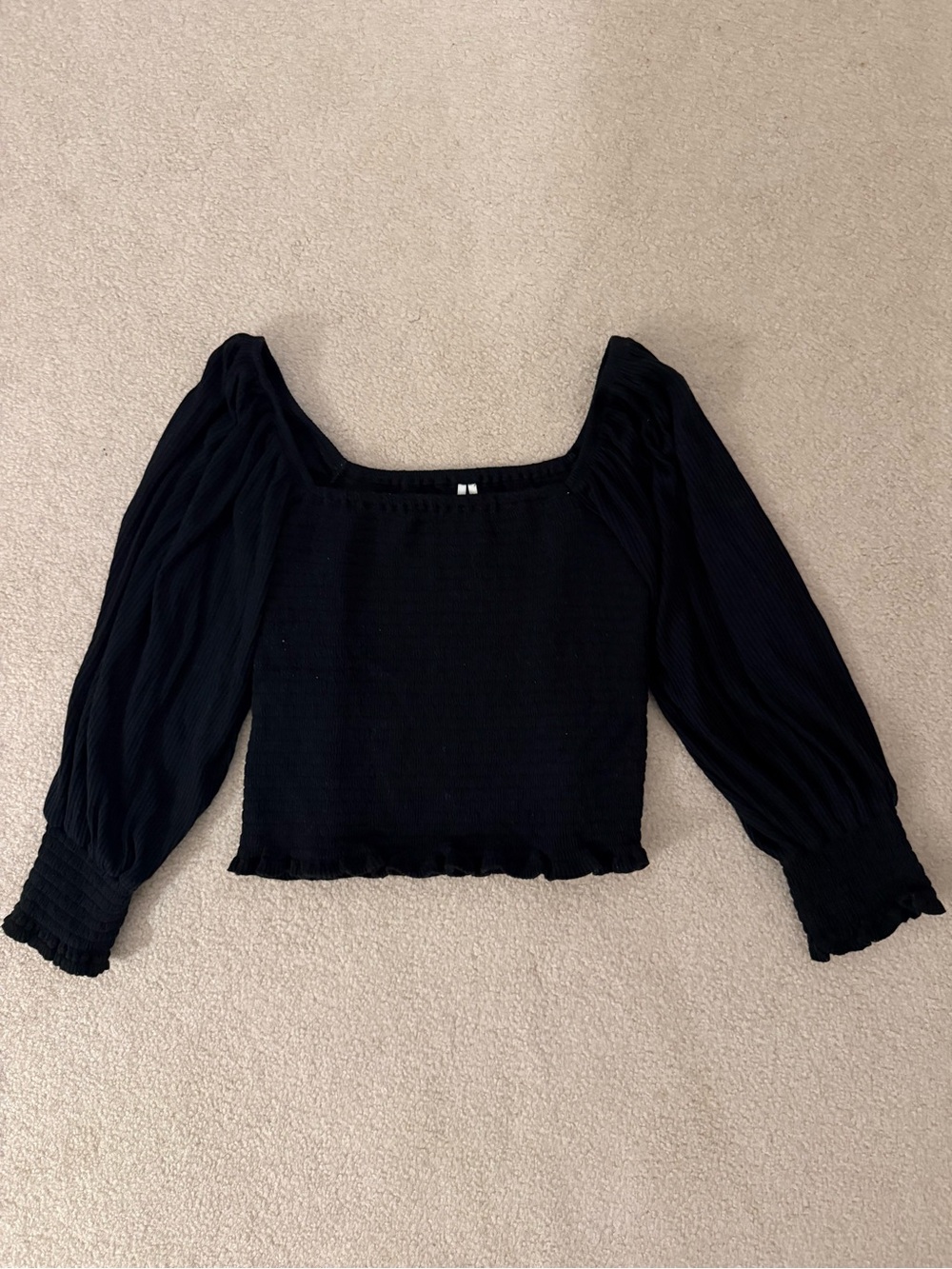 Anthropologie Black Smocked Square-Neck Puff Sleeve Crop Top
